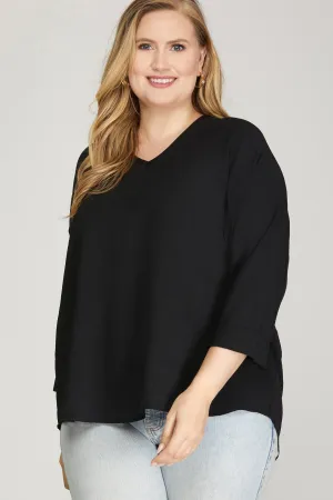 3/4 SLEEVE V NECK WOVEN TOP