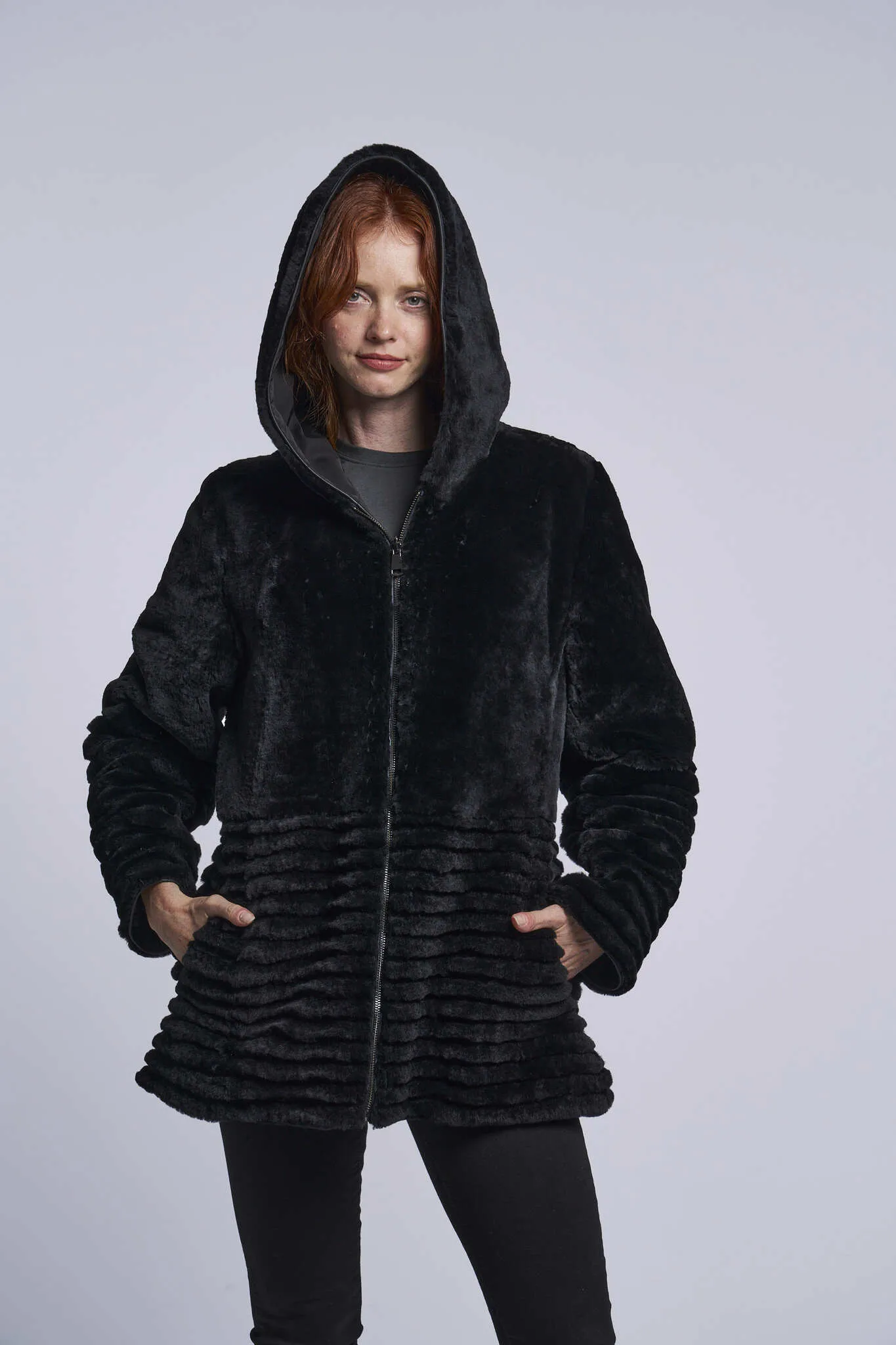431HD Genuine shearling hooded coat reverses to all weather micro-fiber