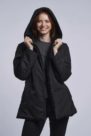 431HD Genuine shearling hooded coat reverses to all weather micro-fiber