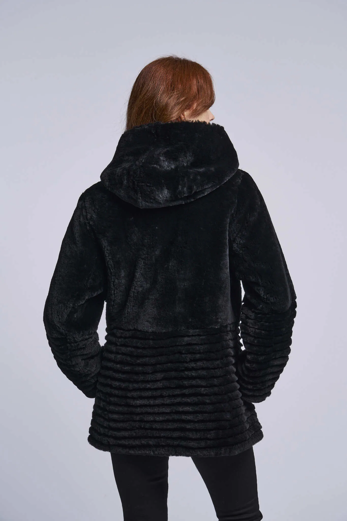 431HD Genuine shearling hooded coat reverses to all weather micro-fiber