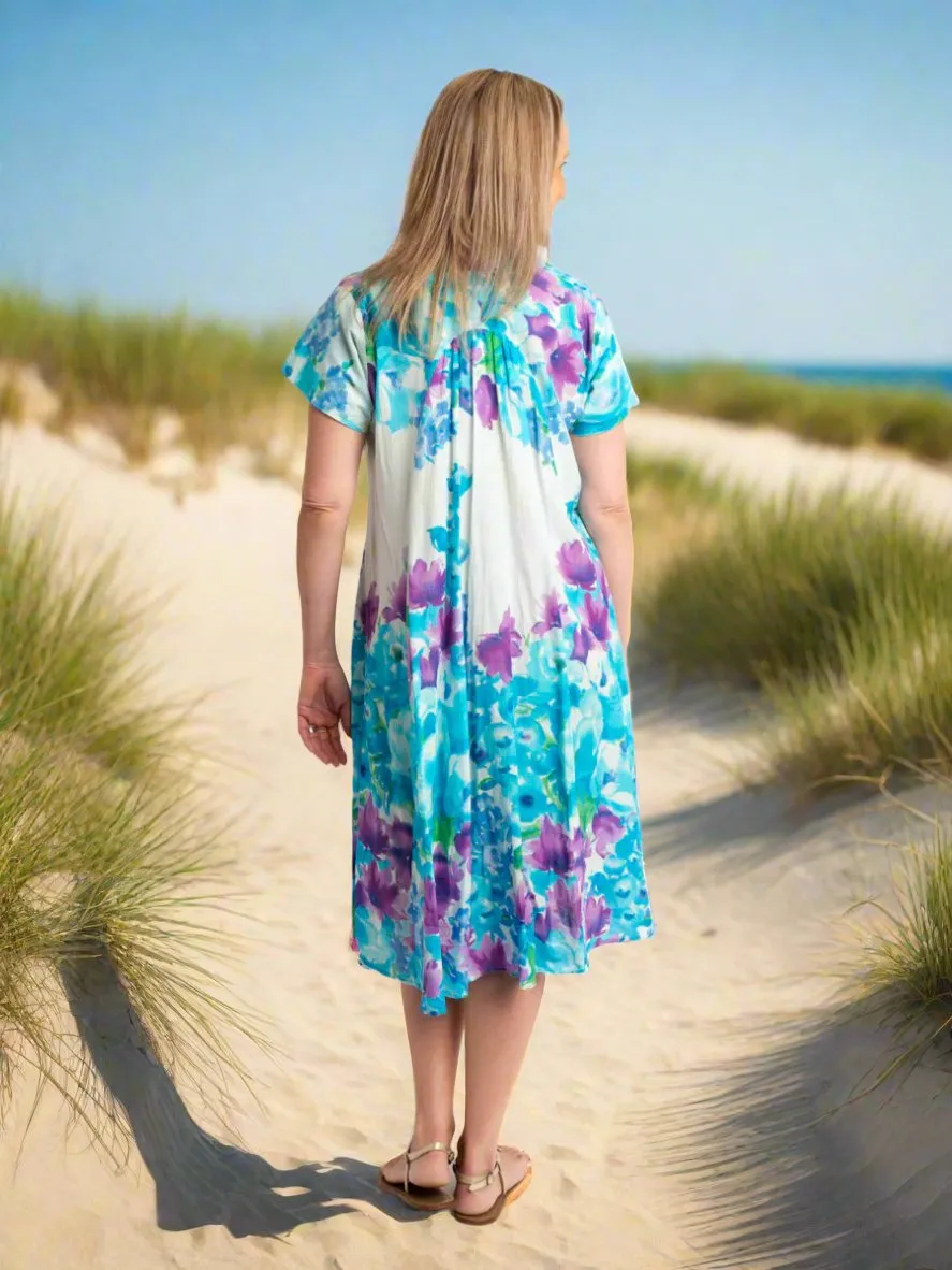 A-line Cap Sleeve Dress in Lilac/Blue on White
