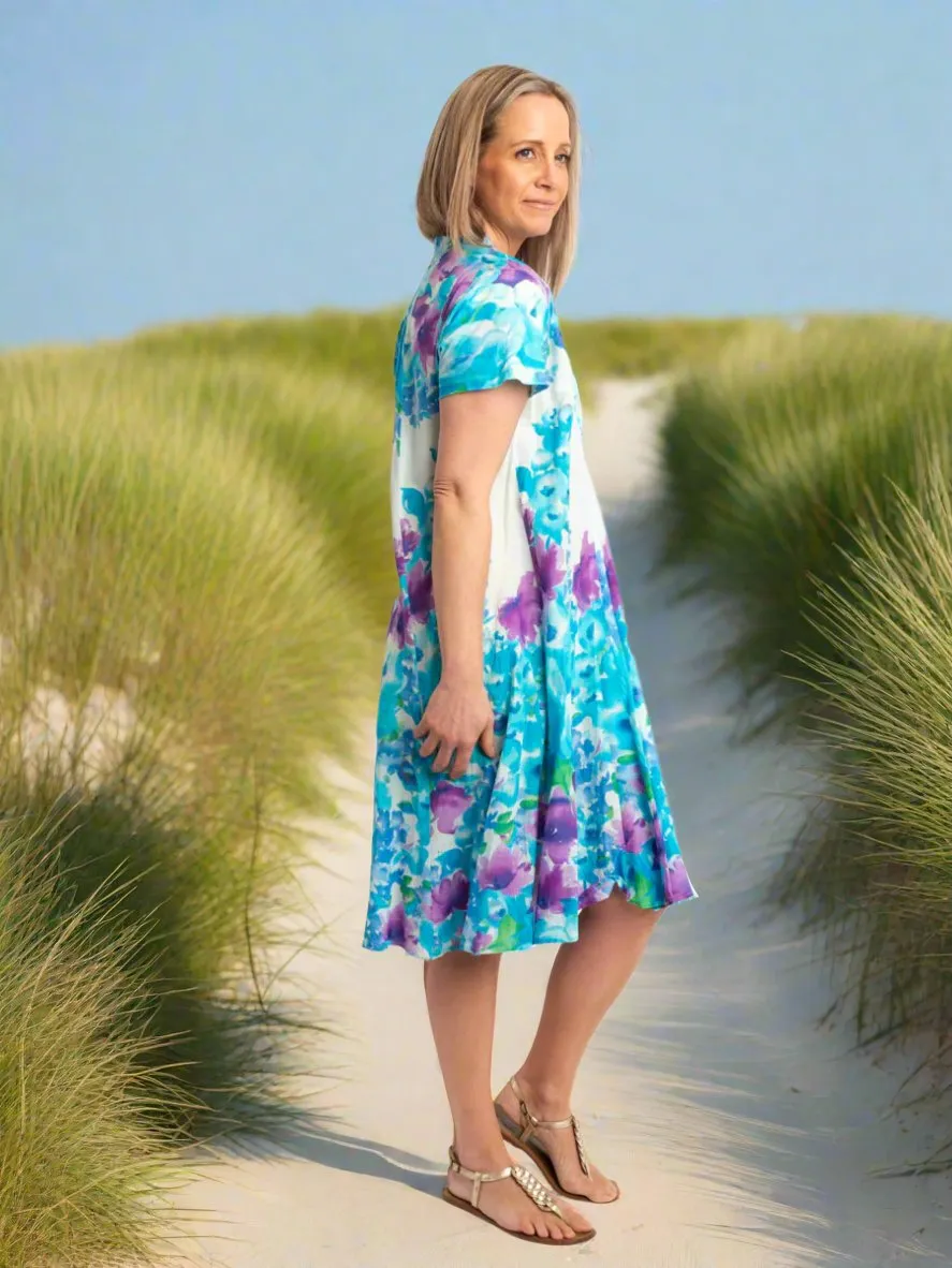 A-line Cap Sleeve Dress in Lilac/Blue on White