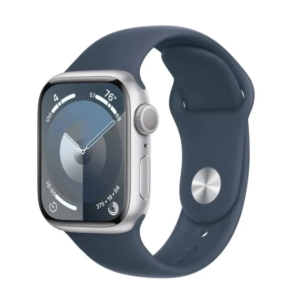 Apple Watch Series 9 GPS 41mm Silver Aluminium Case with Storm Blue Sport Band - M/L