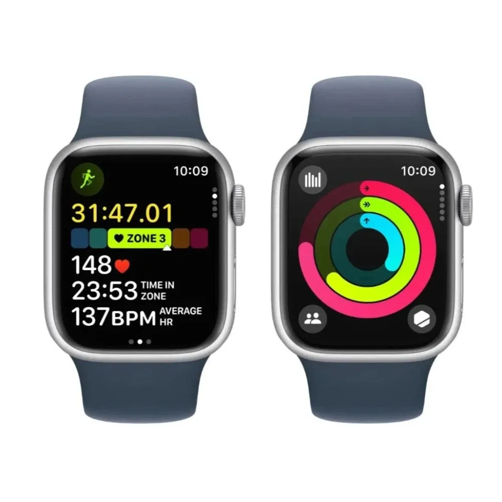 Apple Watch Series 9 GPS 41mm Silver Aluminium Case with Storm Blue Sport Band - M/L
