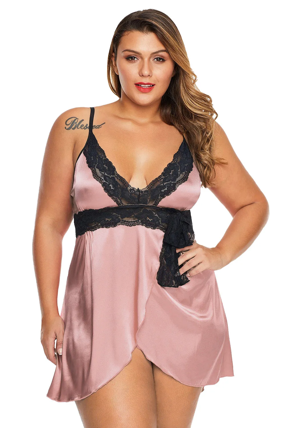 Apricot Lace V Neckline Plus Size Babydoll