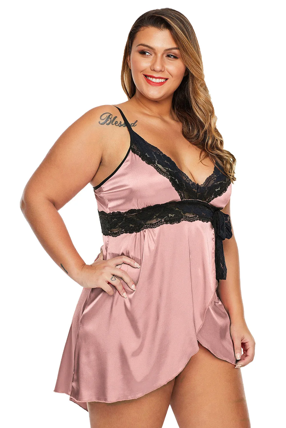 Apricot Lace V Neckline Plus Size Babydoll