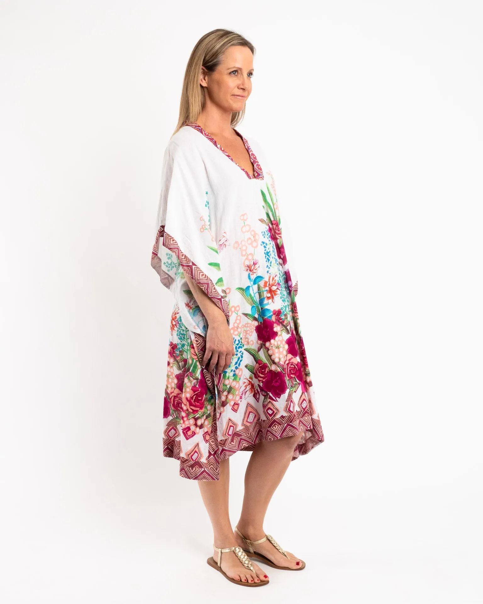 Beaded Flowing Kaftan in Rose Petal Floral