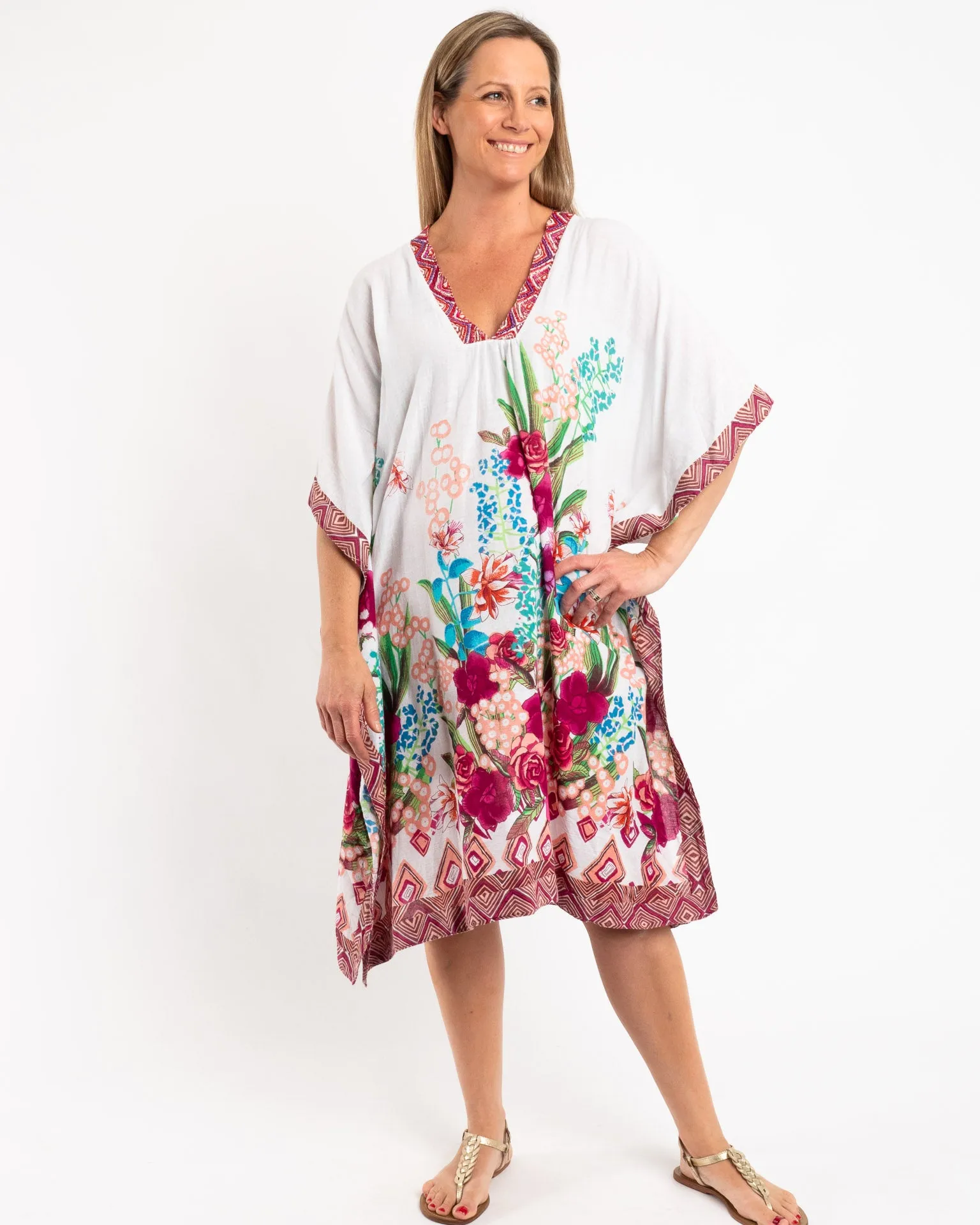 Beaded Flowing Kaftan in Rose Petal Floral
