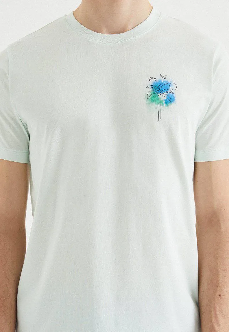 Beyaz Baskılı Bisiklet Yaka Pamuklu Regular Fit Erkek T-Shirt PALM