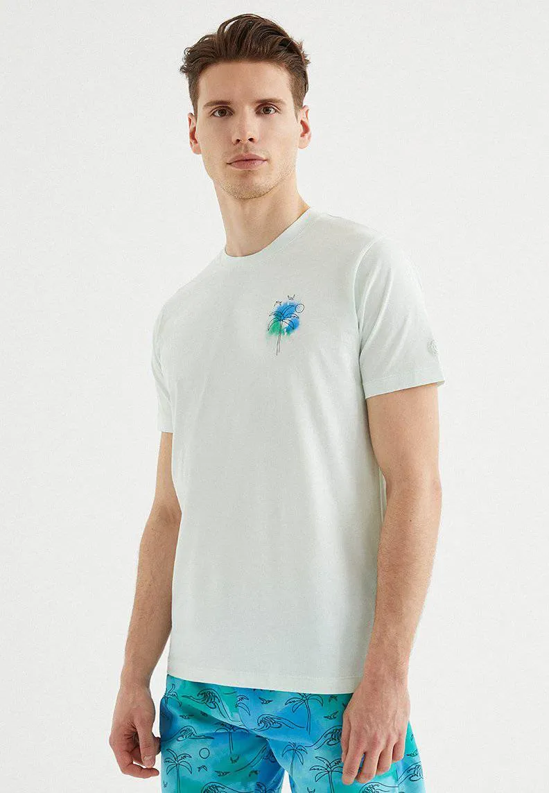 Beyaz Baskılı Bisiklet Yaka Pamuklu Regular Fit Erkek T-Shirt PALM