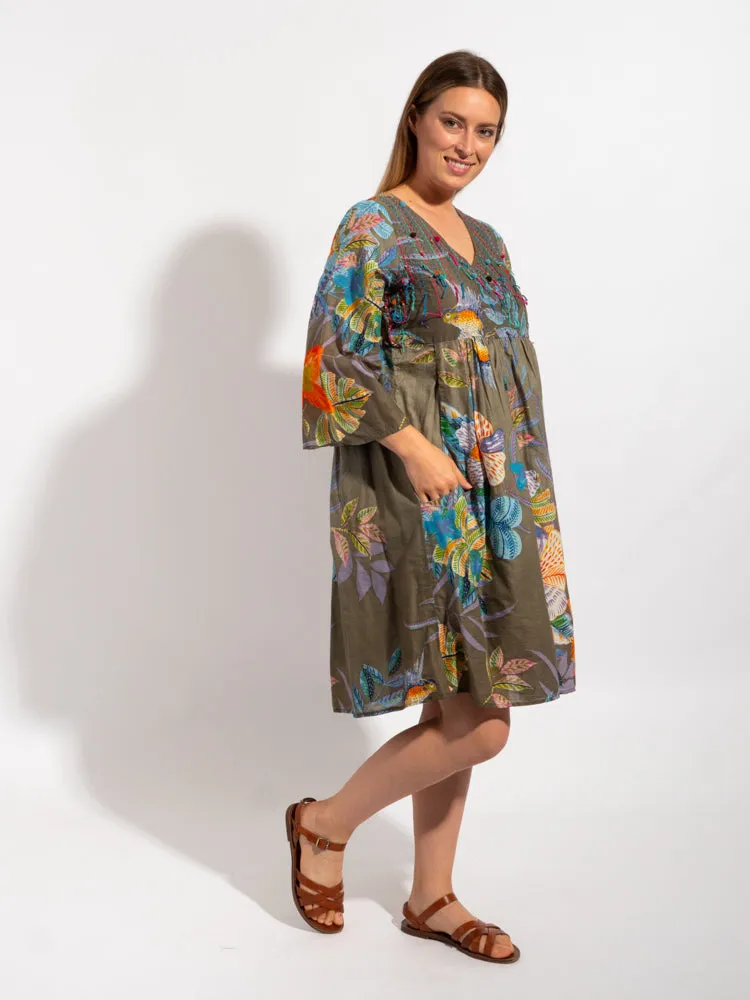 Billinudgel Dress in Khaki Birds