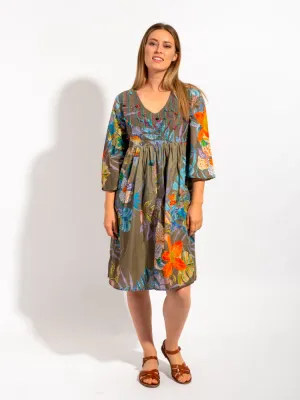 Billinudgel Dress in Khaki Birds