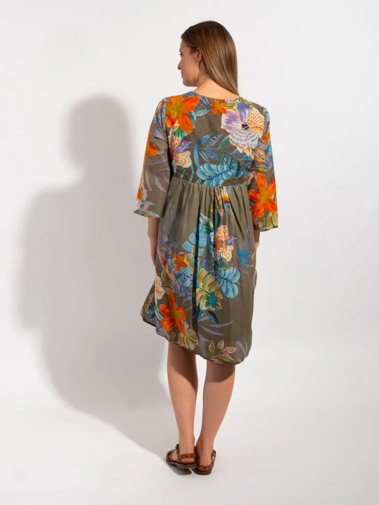 Billinudgel Dress in Khaki Birds