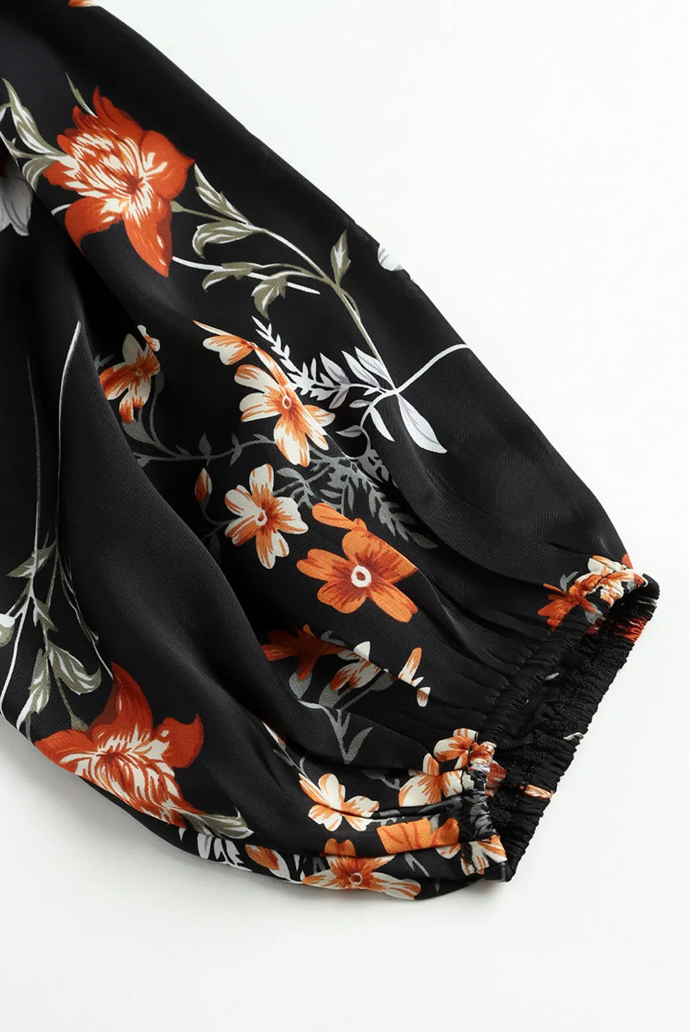 Black Plus Size Drawstring Long Sleeve Floral Dress