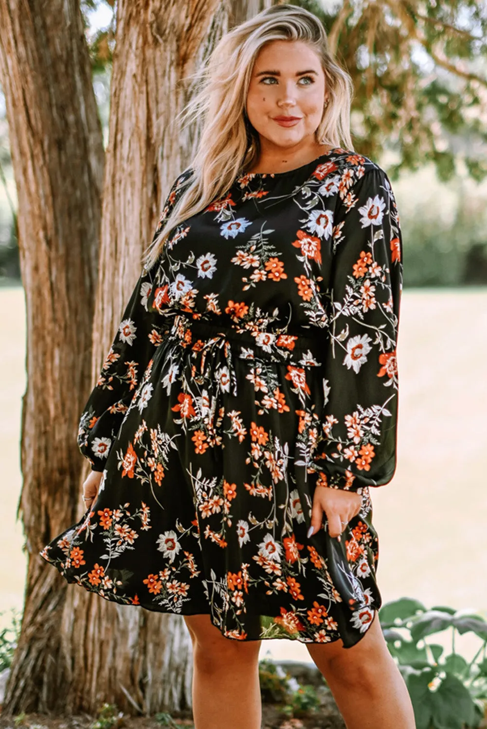 Black Plus Size Drawstring Long Sleeve Floral Dress