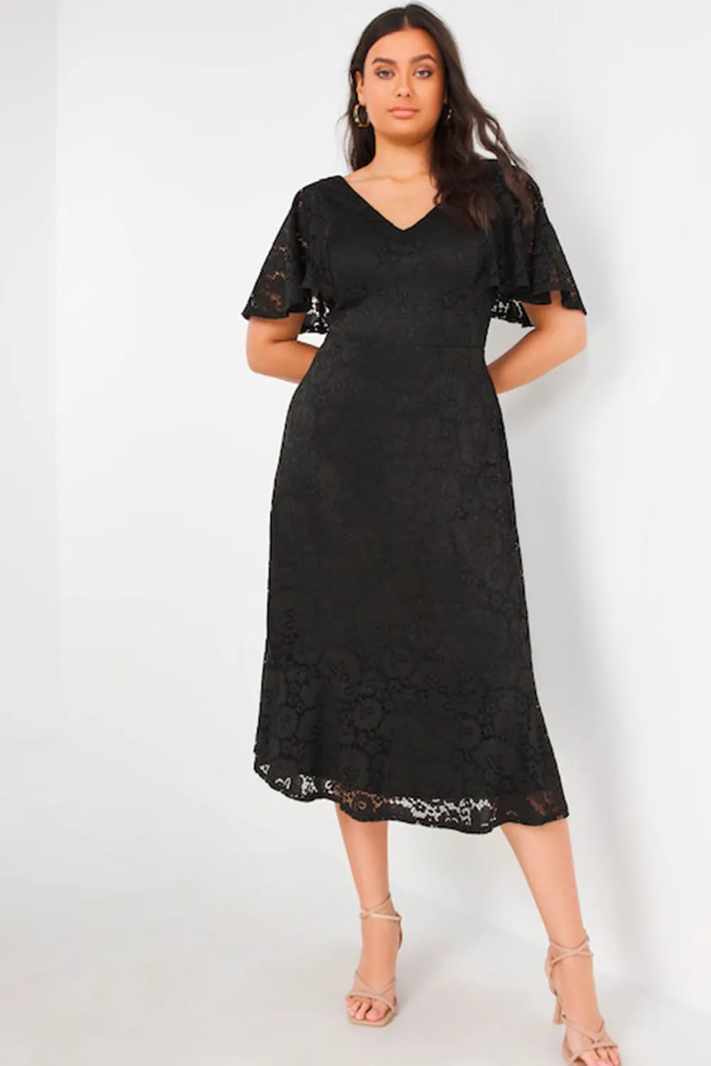 Black Plus Size Lace Flutter Sleeves Flare Midi Dress