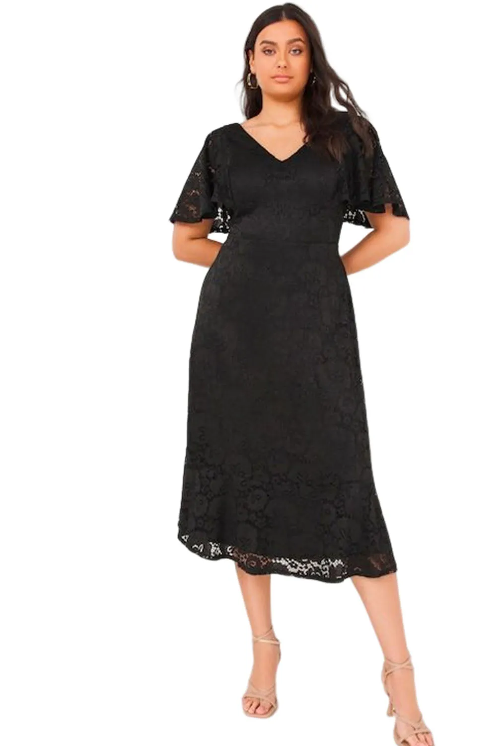 Black Plus Size Lace Flutter Sleeves Flare Midi Dress