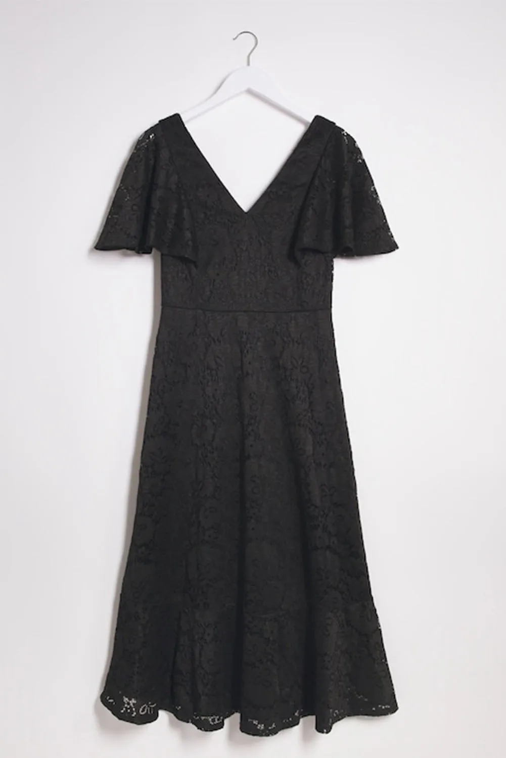 Black Plus Size Lace Flutter Sleeves Flare Midi Dress