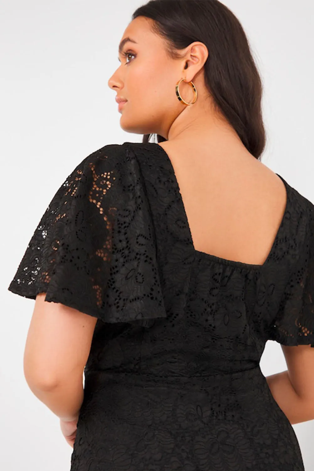 Black Plus Size Lace Flutter Sleeves Flare Midi Dress