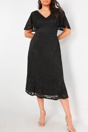 Black Plus Size Lace Flutter Sleeves Flare Midi Dress