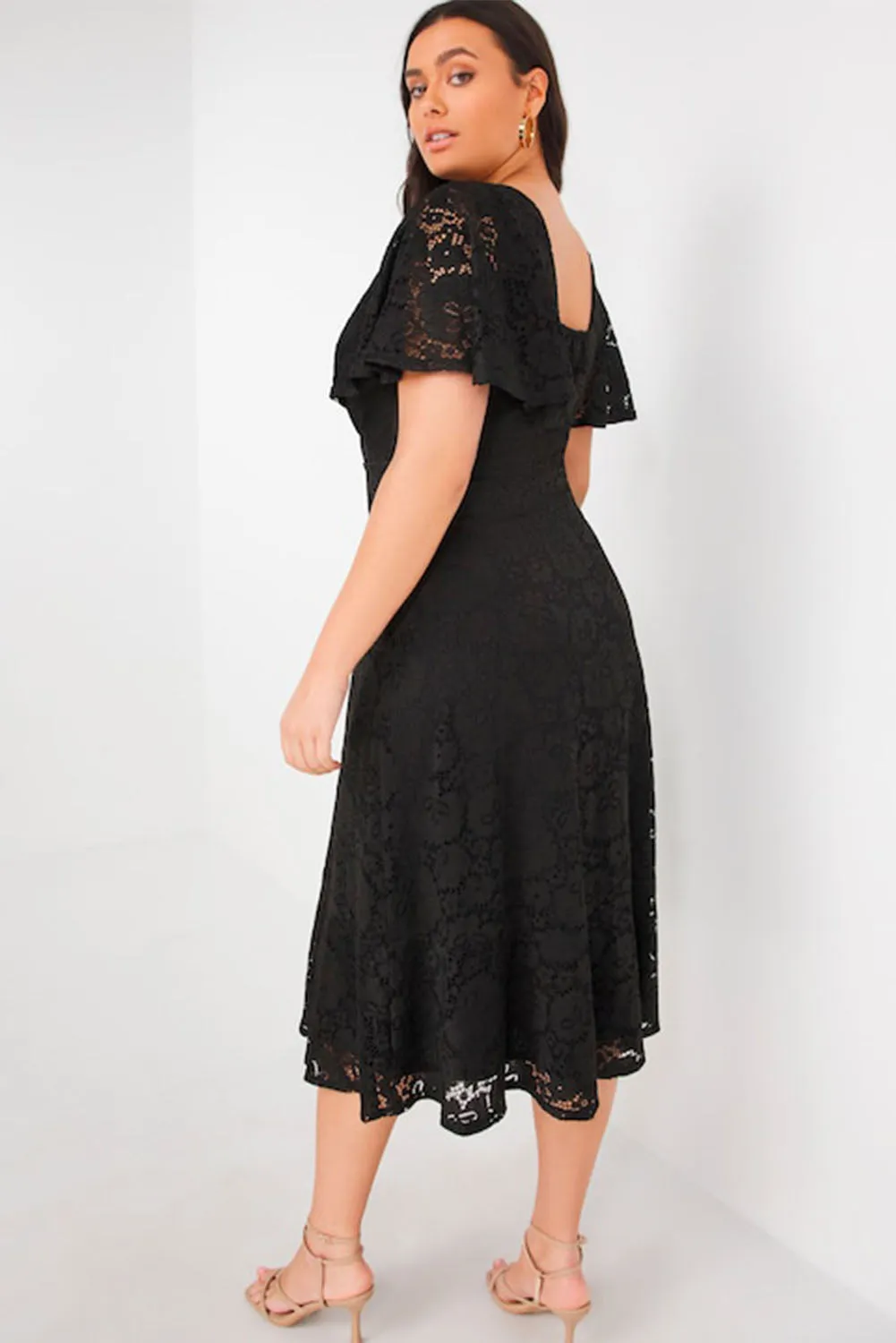 Black Plus Size Lace Flutter Sleeves Flare Midi Dress