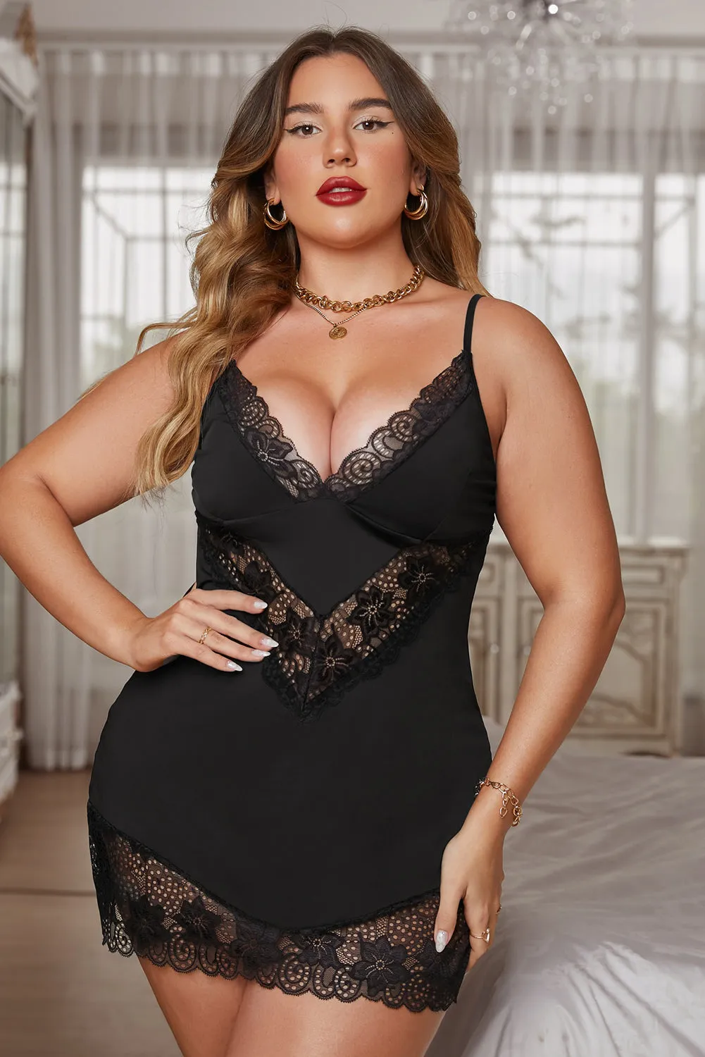 Black Plus Size Lace Patchwork Babydoll Lingerie