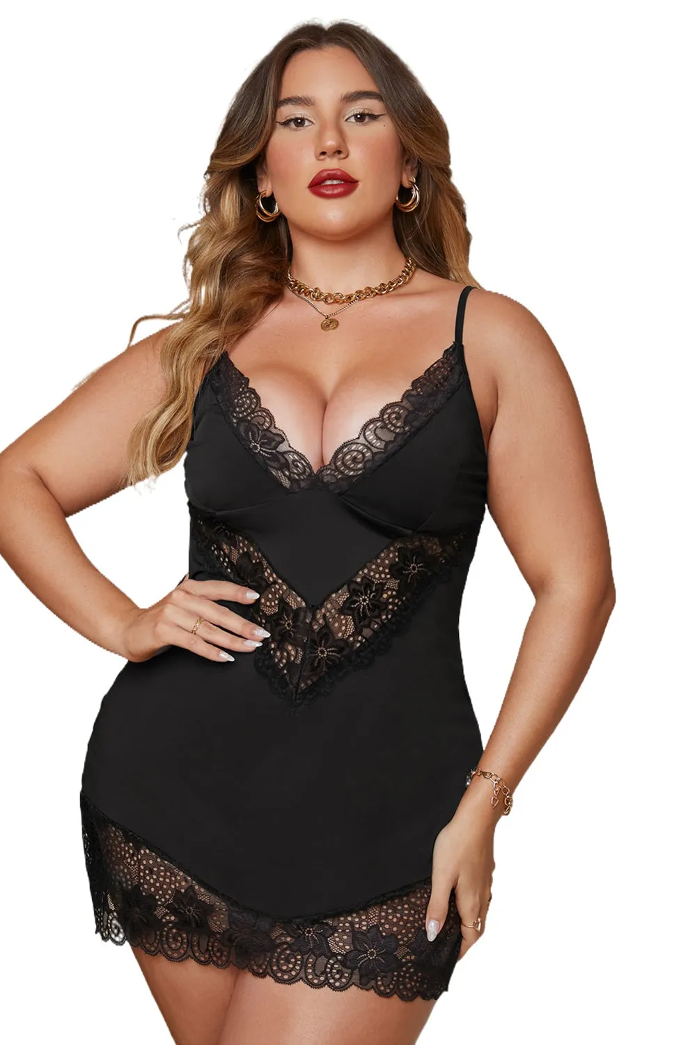 Black Plus Size Lace Patchwork Babydoll Lingerie