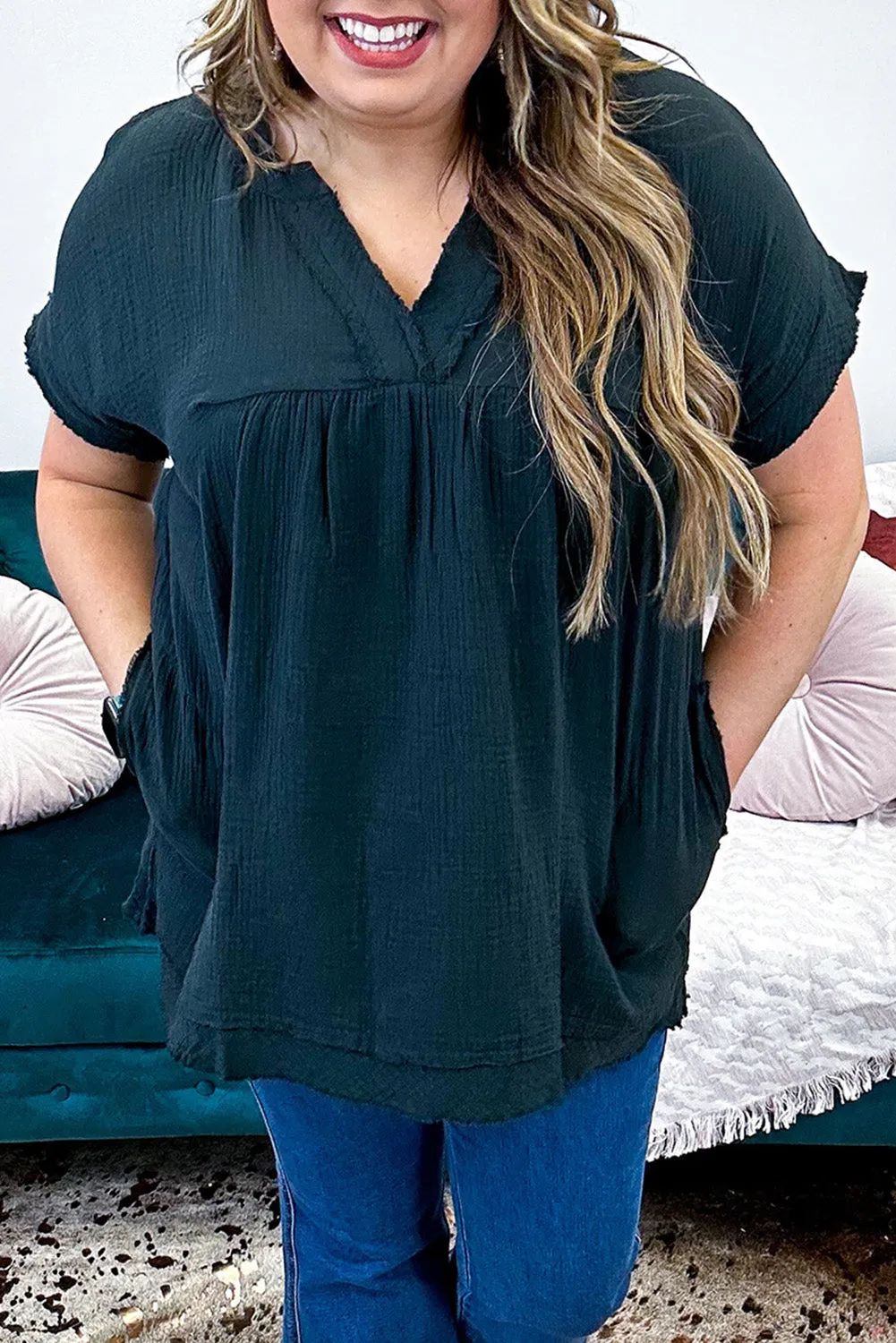 Black Plus Size V Neck Frayed Pocketed Top