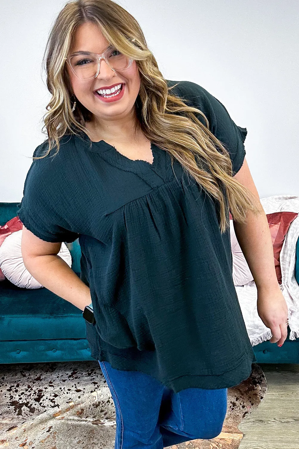 Black Plus Size V Neck Frayed Pocketed Top