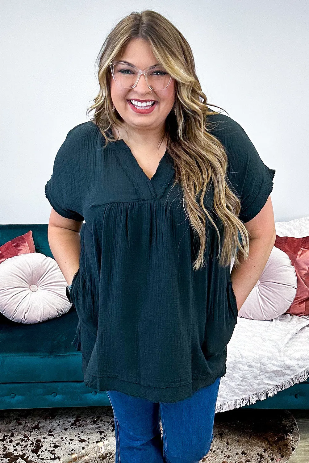 Black Plus Size V Neck Frayed Pocketed Top