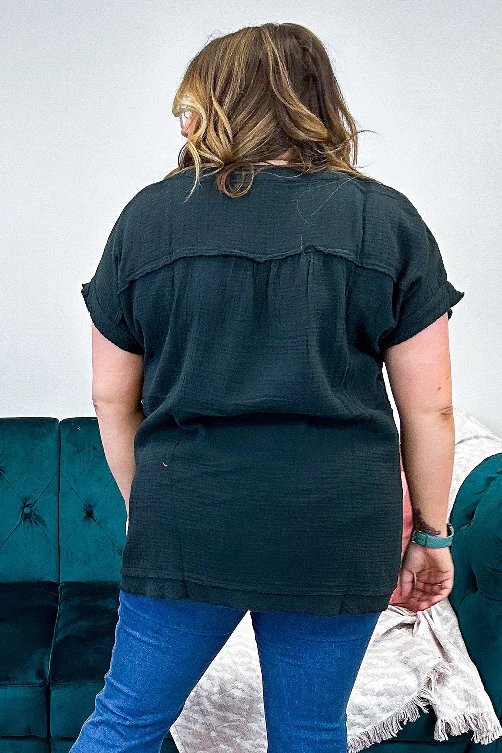 Black Plus Size V Neck Frayed Pocketed Top