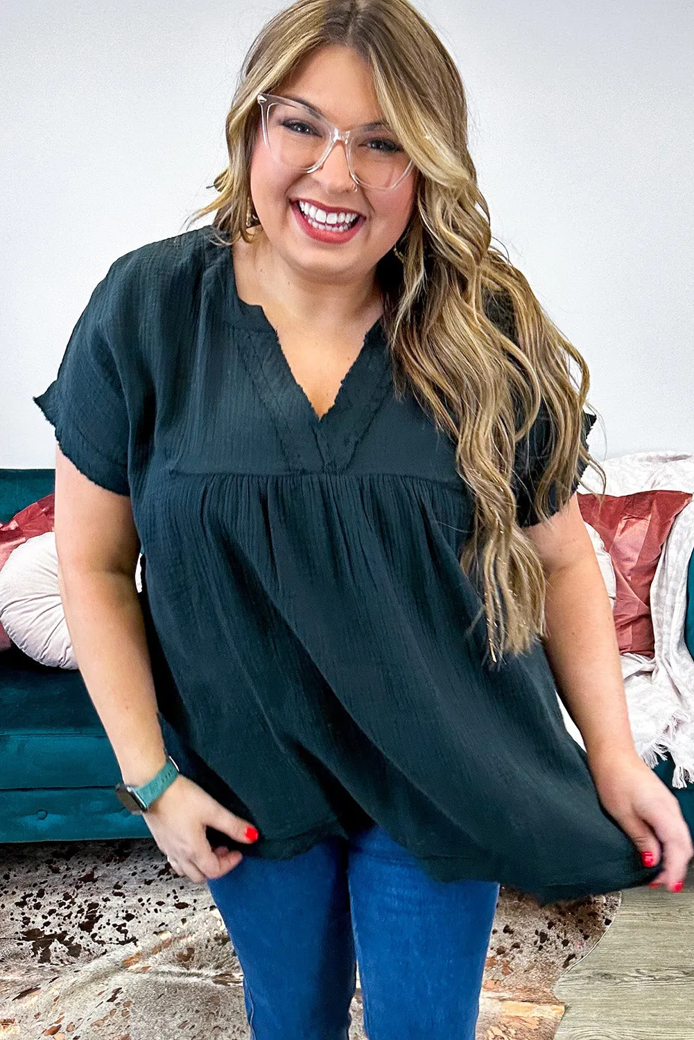 Black Plus Size V Neck Frayed Pocketed Top