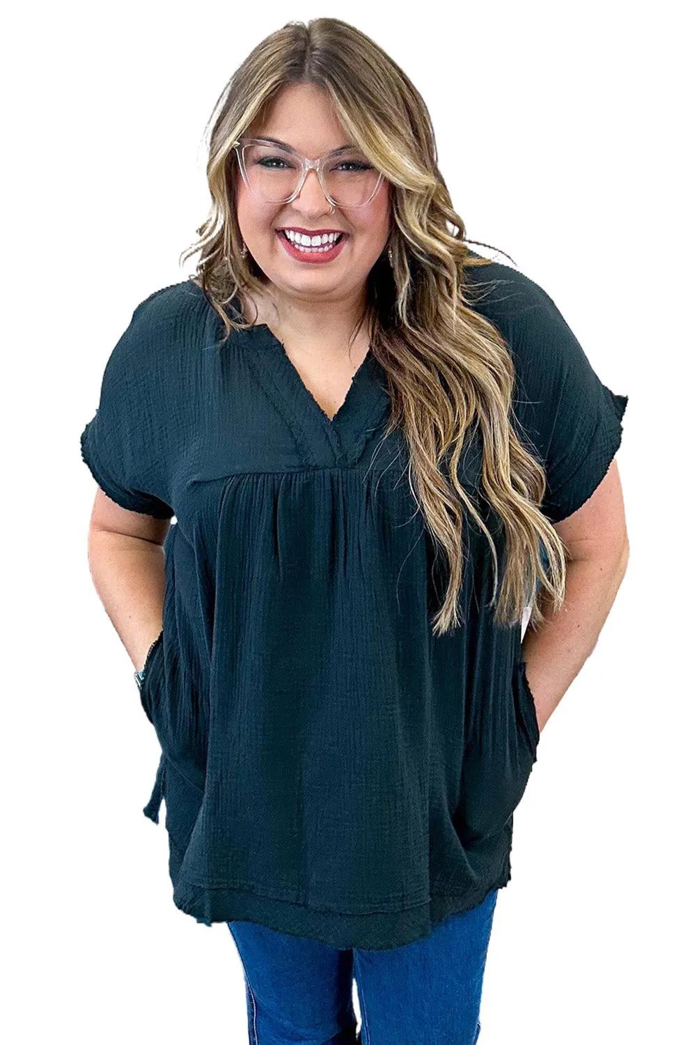 Black Plus Size V Neck Frayed Pocketed Top