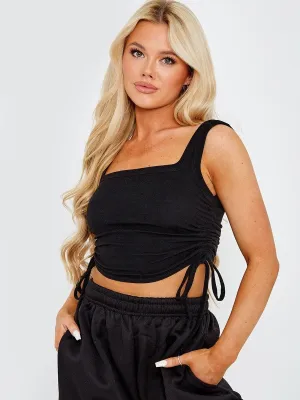 Black Ribbed Cropped Ruched Crop Top Vest