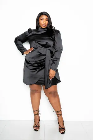 Black Satin Ruched Mini Curvy Dress