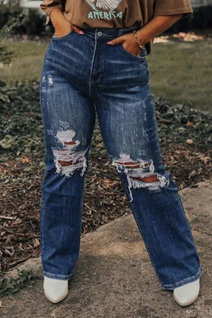 Blue High Waist Distressed Plus Size Jeans