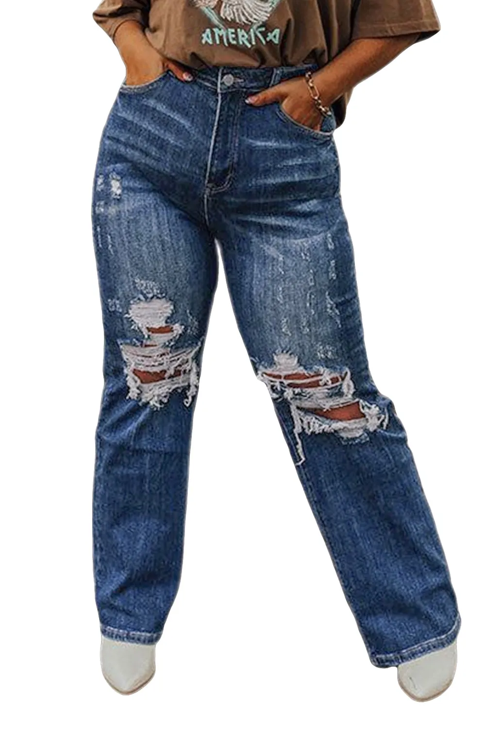 Blue High Waist Distressed Plus Size Jeans