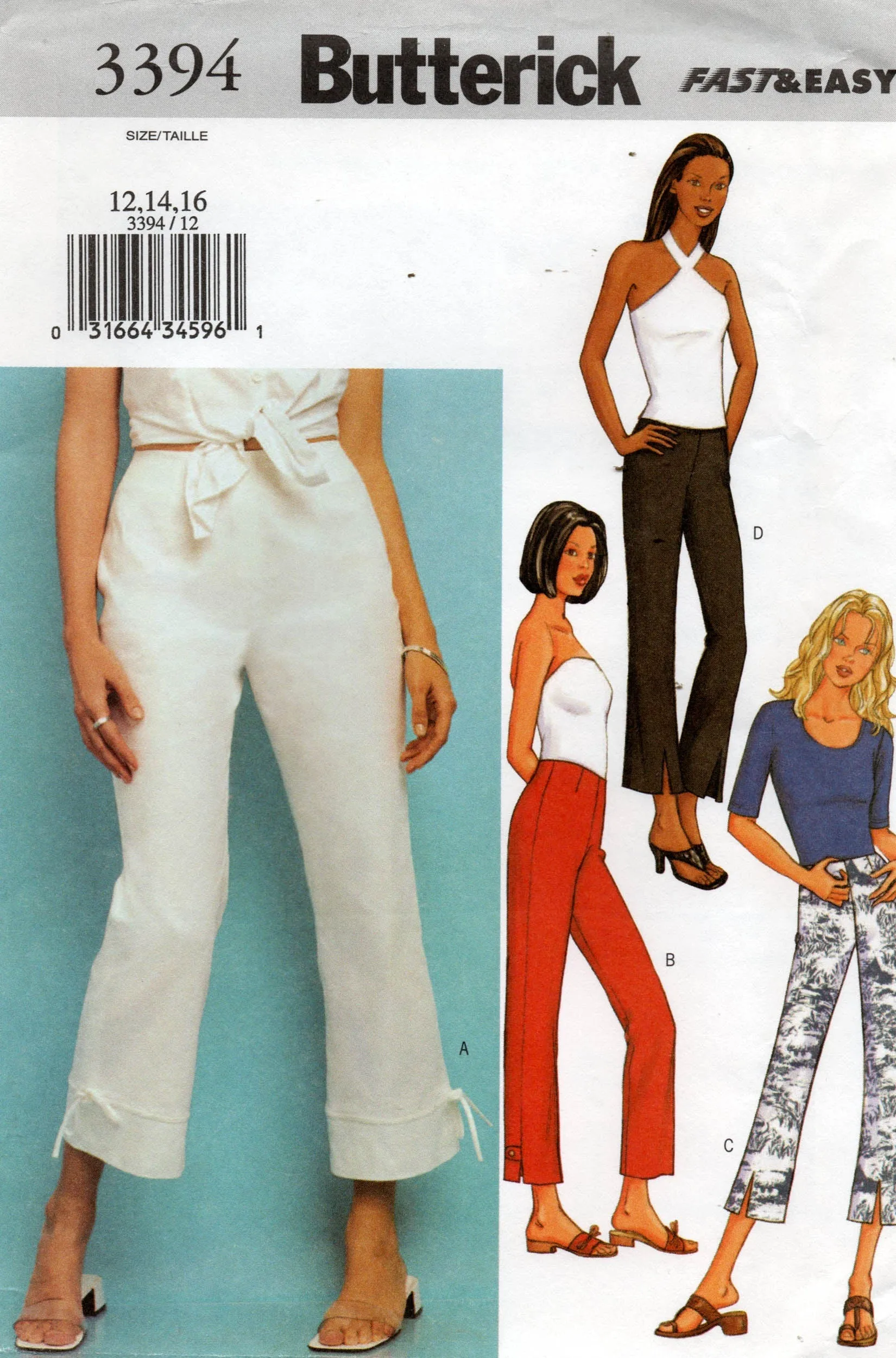 Butterick 3394 Womens Fitted Straight Leg Pants Out Of Print Sewing Pattern Size 12 - 16  UNCUT Factory Folded