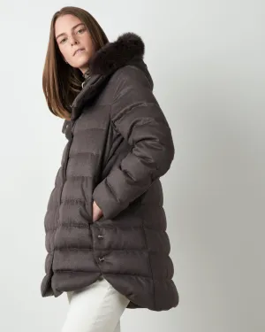 cashmere silk a-line hilo w/ fox fur hood - chocolate