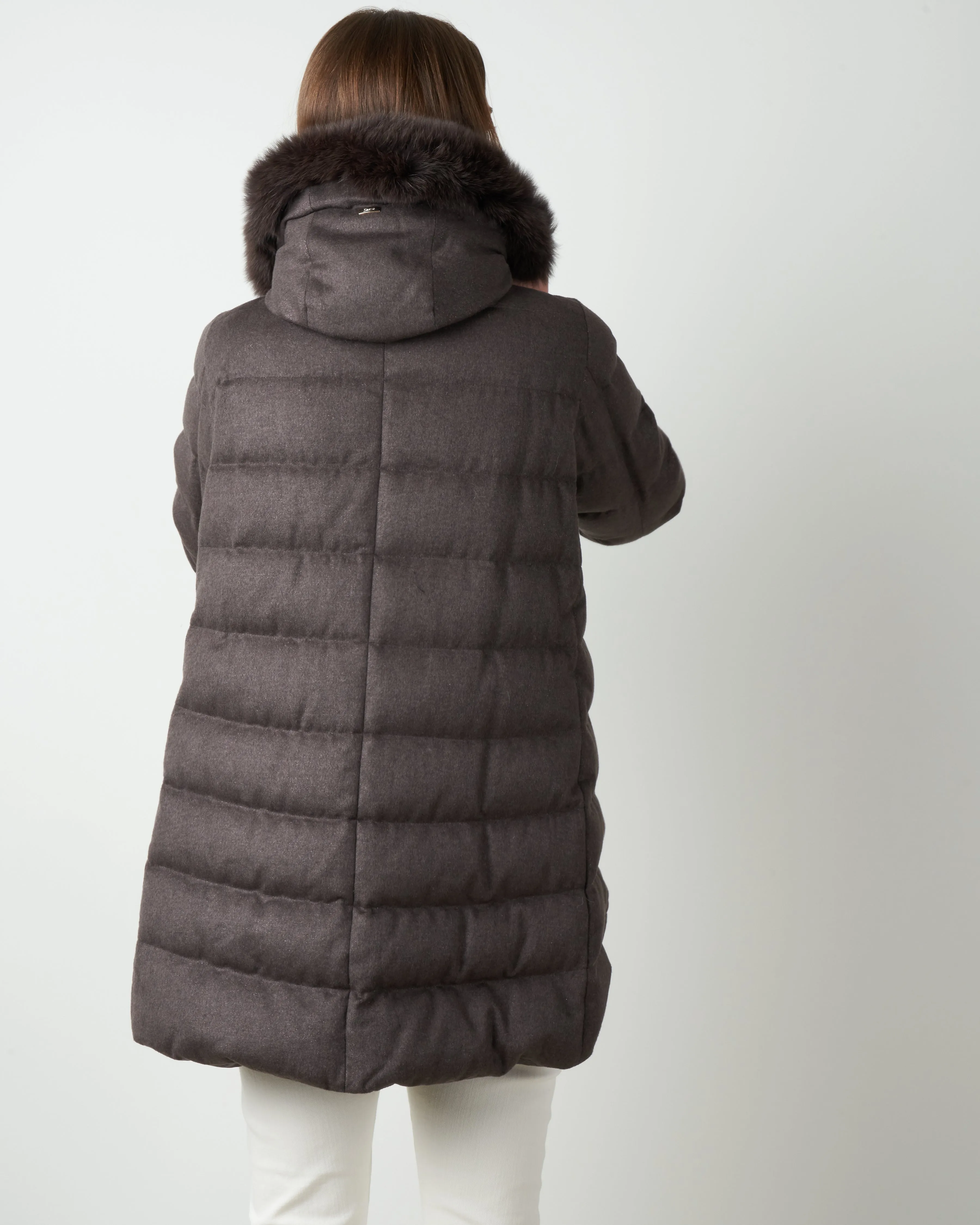 cashmere silk a-line hilo w/ fox fur hood - chocolate