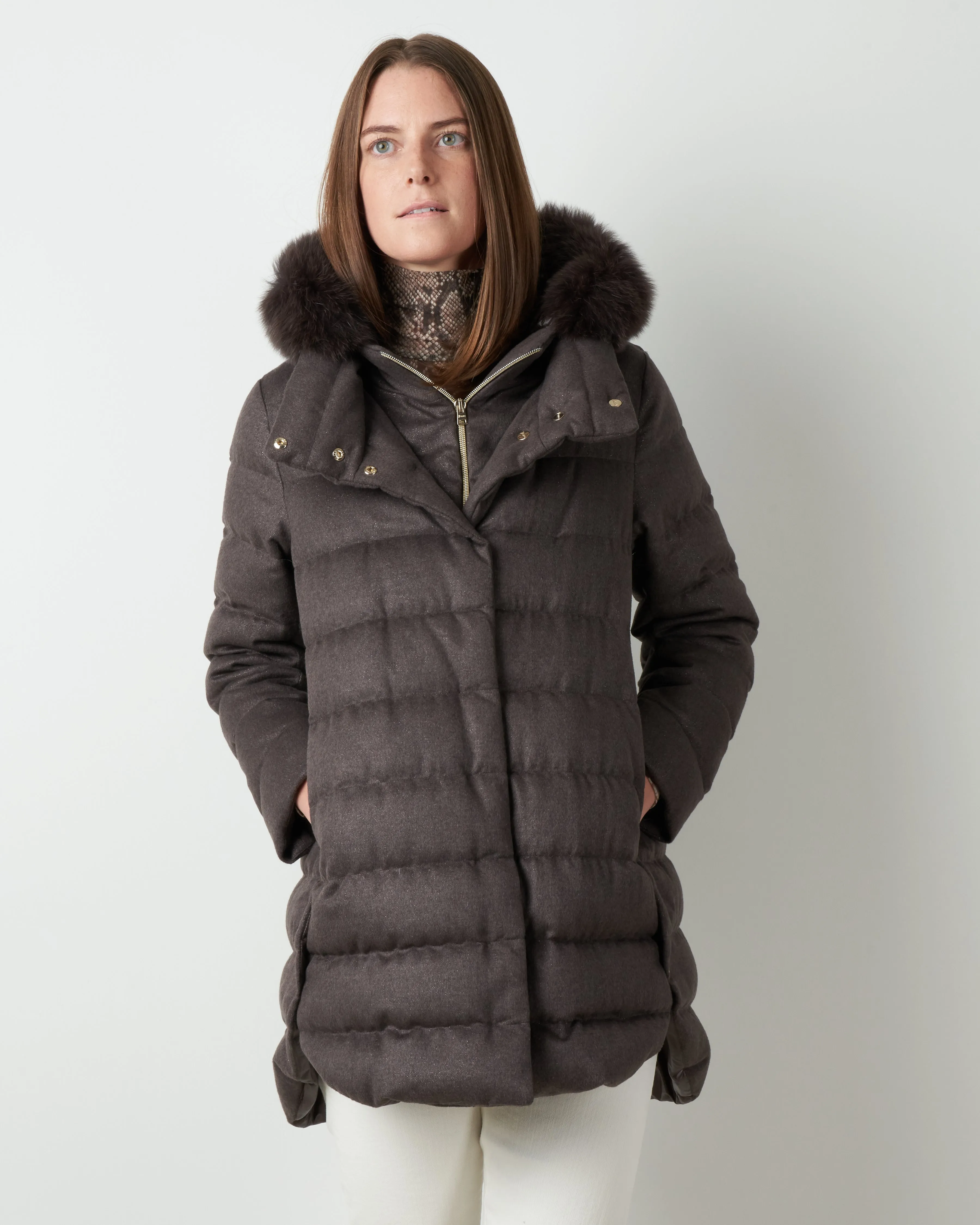 cashmere silk a-line hilo w/ fox fur hood - chocolate
