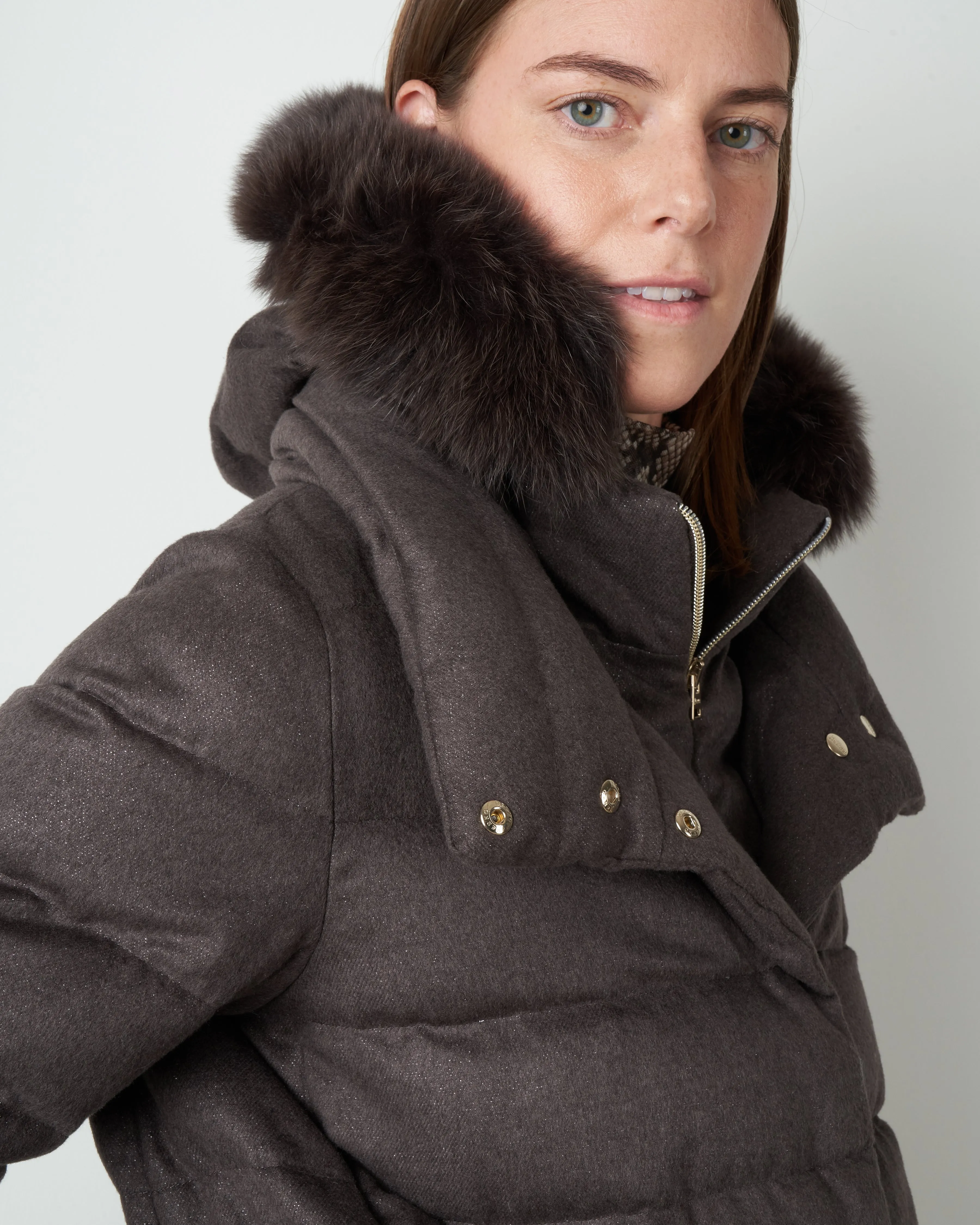 cashmere silk a-line hilo w/ fox fur hood - chocolate