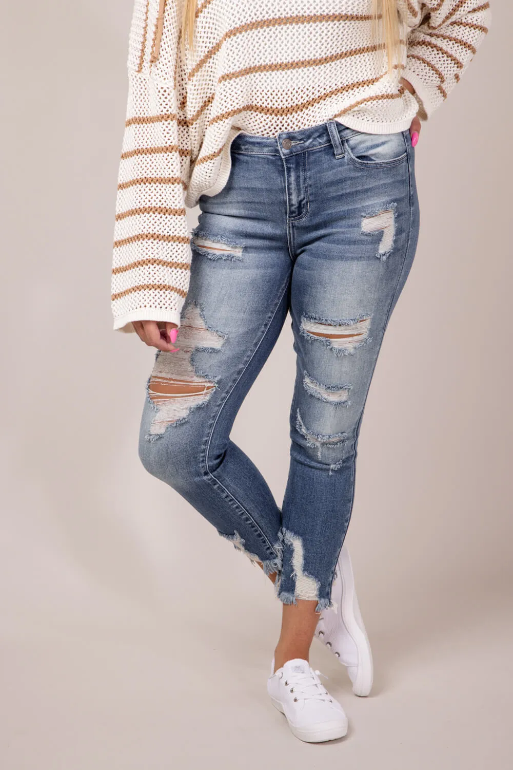 Cello Distressed Fray Ankle Cropped Skinny Jeans for Women | WV74422ML2