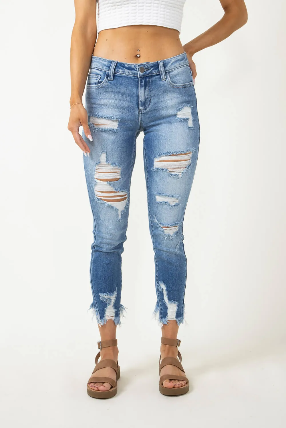 Cello Distressed Fray Ankle Cropped Skinny Jeans for Women | WV74422ML2