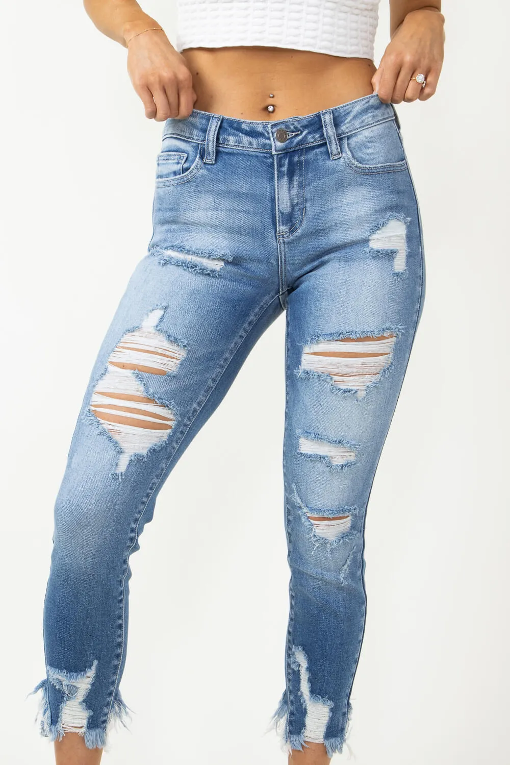 Cello Distressed Fray Ankle Cropped Skinny Jeans for Women | WV74422ML2