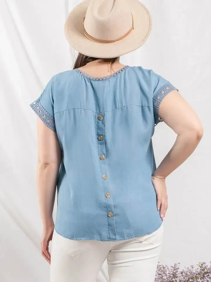 Chambray Lace Trim Short Sleeve Top