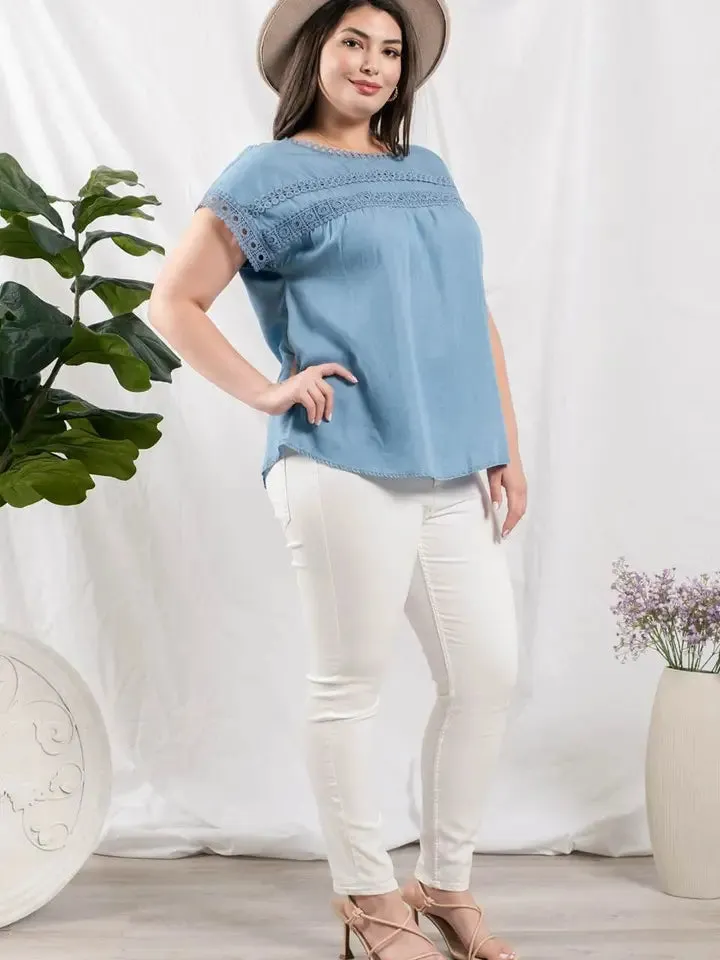 Chambray Lace Trim Short Sleeve Top