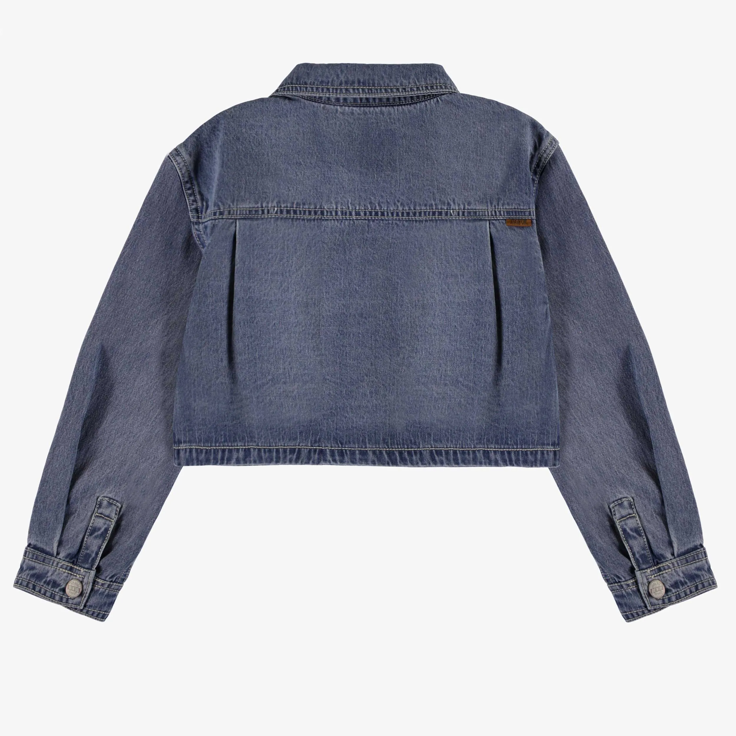 Chemise écourtée en denim bleu moyen, enfant || Shortened medium blue denim shirt, child