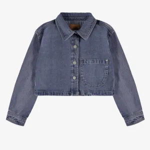 Chemise écourtée en denim bleu moyen, enfant || Shortened medium blue denim shirt, child