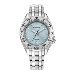 Citizen Sport Ladies Eco Drive Stainless Steel Crystal Accents and Light Blue Dial Watch